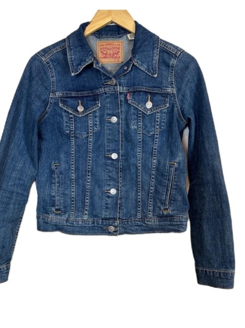 Levi's Classic Dark Blue Trucker Distressed Denim Jacket - Womens Medium